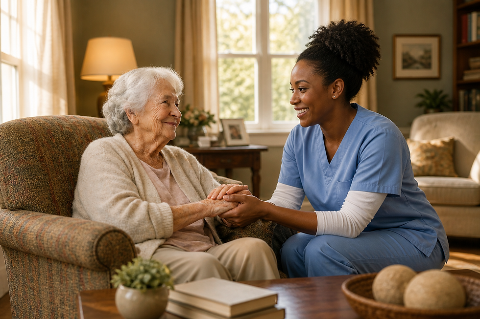 A caregiver in blue scrubs holds an elderly woman's hands in a cozy living room, conveying warmth and empathy. Large windows and soft lighting.