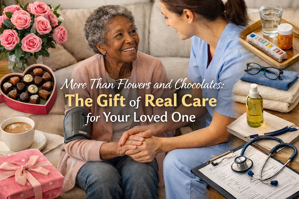 Elderly African American woman smiling and holding hands with a caregiver in a cozy living room, surrounded by flowers, chocolates, and medical supplies, symbolizing compassionate in-home care beyond traditional gifts.