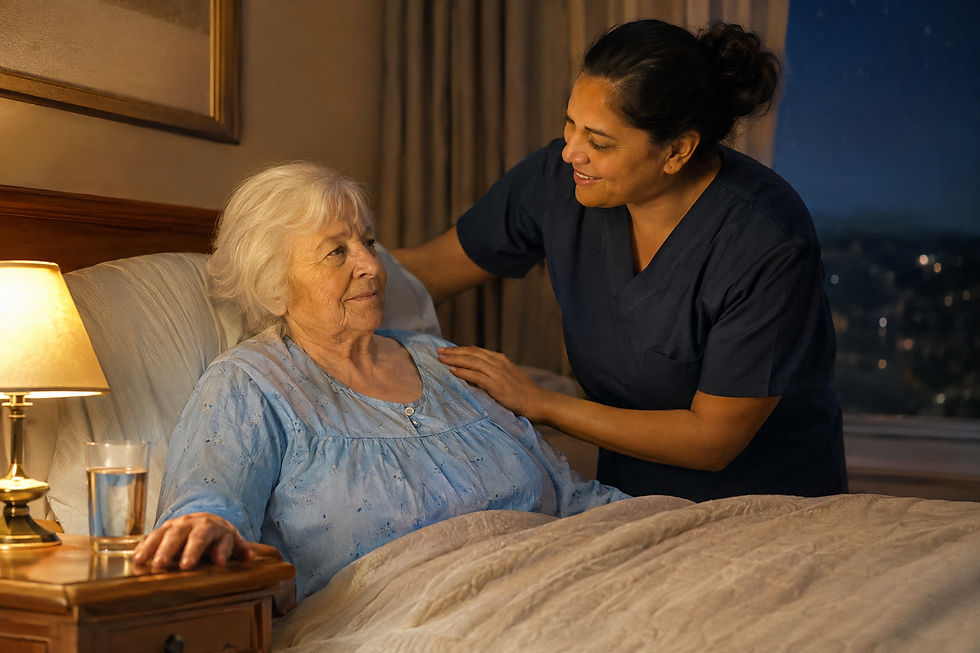 An elderly woman with short white hair sits up in bed at night while a caring female caregiver in navy scrubs gently adjusts her pillow under warm amber lamplight.