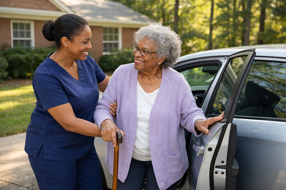 A smiling caregiver in navy scrubs helps an elderly woman with a cane step safely out of a car in a sunny suburban driveway.