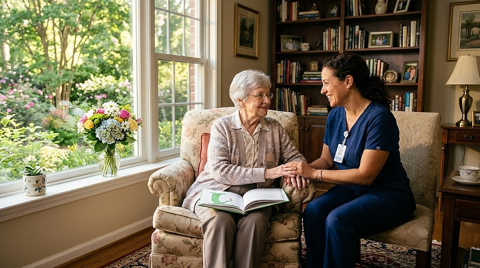 Elderly woman and nurse chat happily on a sofa by a window. A book is open on her lap. Cozy room with shelves, flowers, and garden view.