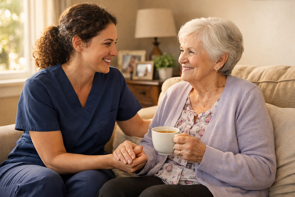 A smiling caregiver in navy scrubs sits beside an elderly woman in a lavender cardigan, holding her hand warmly on a couch in a sunlit living room.