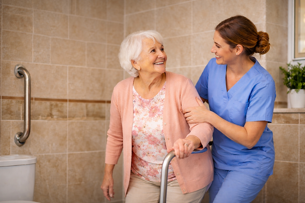 Elderly woman with walker smiles at caregiver in blue scrubs in a tiled bathroom. Warm, supportive atmosphere.