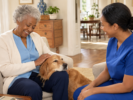 A smiling senior African American woman pets a calm golden retriever mix while a caregiver in blue scrubs sits warmly beside them in a sunlit home.