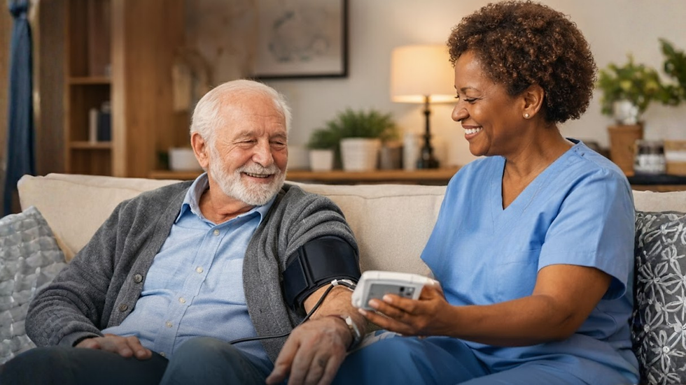 A cheerful healthcare professional performs routine blood pressure checks for seniors to ensure the ongoing health and well-being of the elderly man in her care.