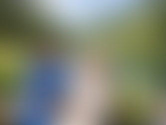 Caregiver in blue scrubs smiles at an elderly woman in a wheelchair by a scenic lake, surrounded by trees and flowers, under a sunny sky.