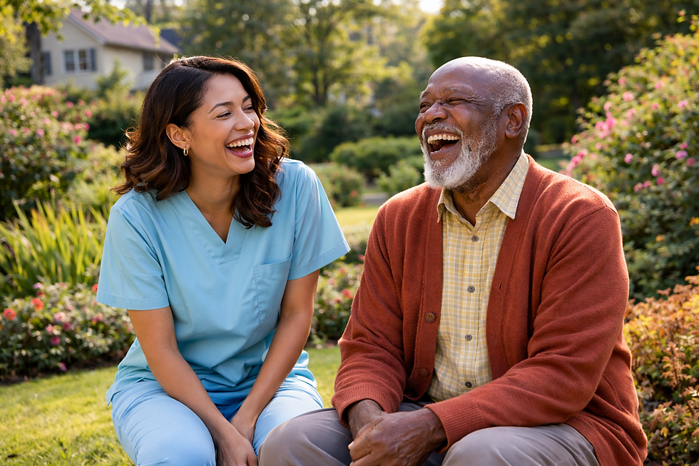 A caregiver and an elderly man in an orange sweater laugh together in a blooming garden, conveying joy and warmth.
