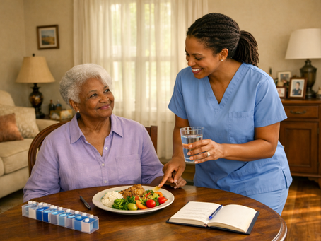 Elderly woman and caregiver share a warm moment at a dining table, discussing a healthy meal plan in a sunlit Georgia home.