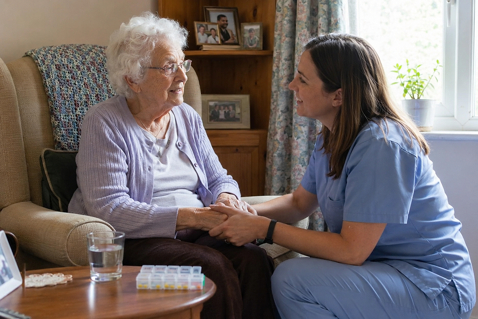 An elderly white-haired woman in a cardigan sits in a sunlit armchair while a young female caregiver in blue scrubs kneels beside her, smiling and helping her with medication in a cozy, warmly lit living room.