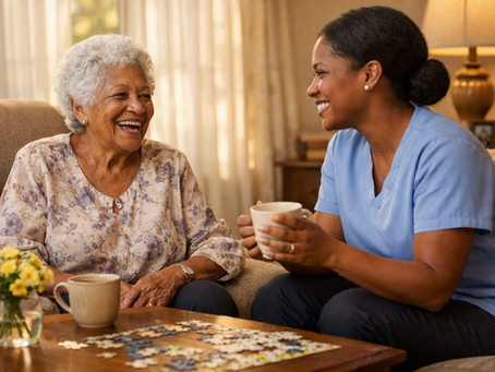 Elderly woman laughing warmly with her caregiver in a sunlit Georgia living room, sharing tea beside a puzzle and yellow flowers on a wooden table.