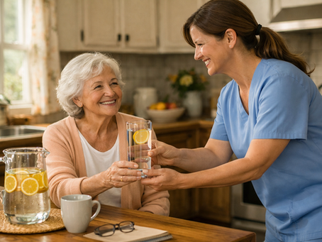 Elderly woman smiles as nurse in blue scrubs hands her a glass of lemon water in a cozy kitchen. Bright, warm atmosphere.