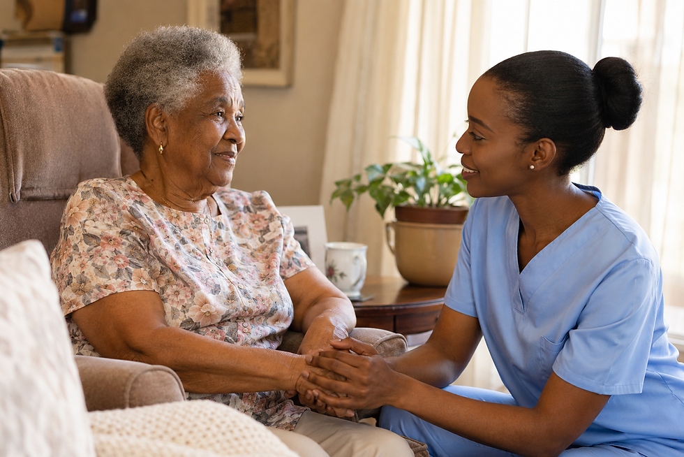 A warm, photorealistic 16:9 image of an elderly Black woman in a lavender cardigan smiling gently while a professional female caregiver in blue scrubs kneels beside her armchair, holding her hand with reassurance in a sunlit, cozy living room.
