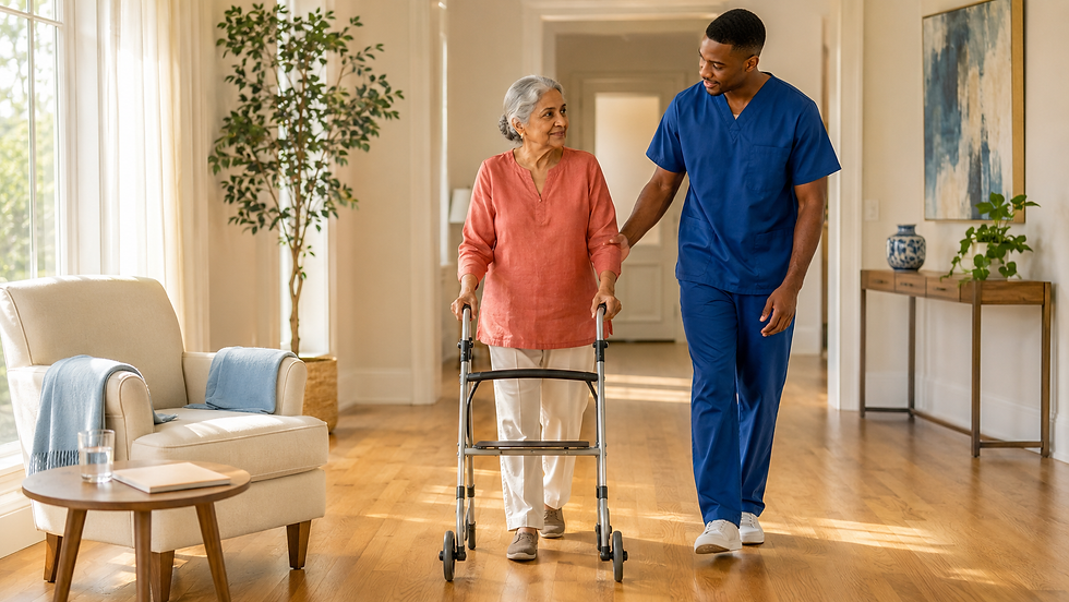 A South Asian American senior woman uses a walker in a bright Georgia living room while an African American male caregiver in plain royal blue scrubs provides calm support at her side after surgery.