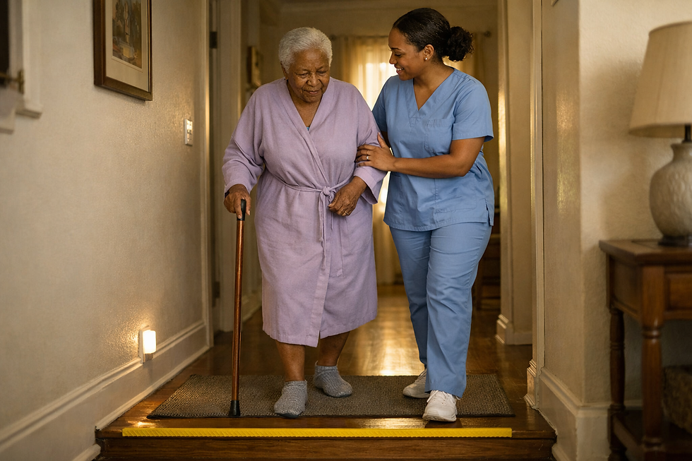 Elderly woman in lavender robe walks with a cane as a caregiver in blue supports her in a warm home hallway.