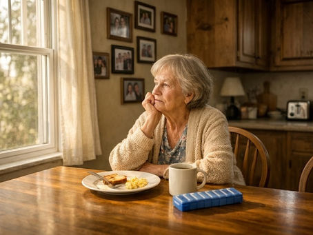 Elderly woman sits at a wooden table, gazing out the window with a thoughtful expression. Breakfast and a mug are in front of her. Cozy kitchen.