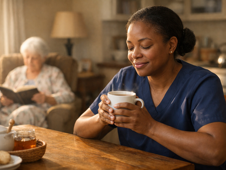 Caregiver in navy scrubs holds a steaming mug at a wooden table, while an elderly woman reads in a warm living room.