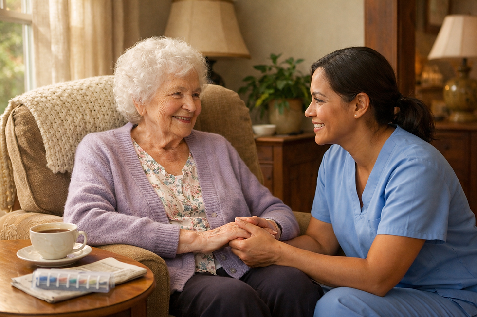 A smiling caregiver in light blue scrubs kneels beside an elderly woman with white curly hair seated in a cozy armchair, gently holding her hand near a side table with tea and a pill organizer in a warm, sunlit living room.