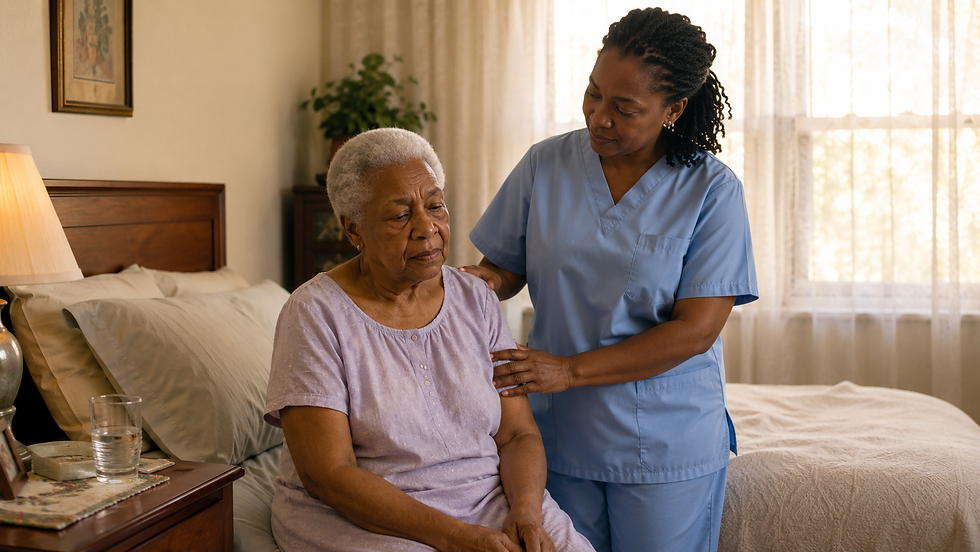 An elderly Black woman with short silver hair sits tiredly on the edge of her bed in the early morning light while a compassionate Black female caregiver in light blue scrubs rests a gentle hand on her shoulder, conveying concern and care in a warm, home-like bedroom setting.