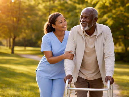 A smiling caregiver supports an elderly man using a walker outdoors. The setting is sunny with lush green trees.