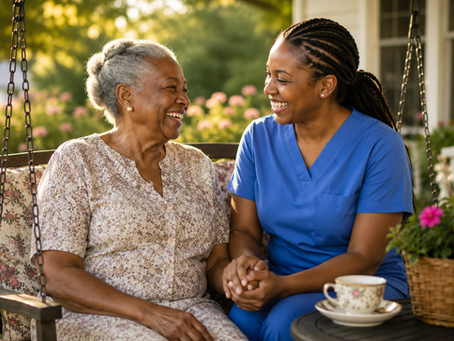 An elderly Black woman with gray hair laughs warmly with a younger female caregiver holding her hand on a sunlit porch swing.