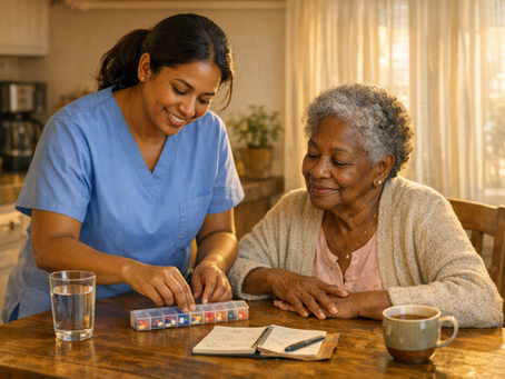 A nurse in blue scrubs helps an elderly woman organize pills at a kitchen table. A notebook, cup, and glass of water are nearby.