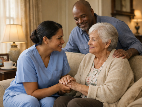 Smiling caregiver in blue scrubs holds hands with an elderly woman while a man stands behind them in a cozy living room.