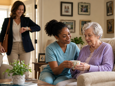 A professional caregiver in teal scrubs gently assists a silver-haired elderly woman with tea in a sunlit living room while the woman's middle-aged daughter, dressed for work, smiles in the background.