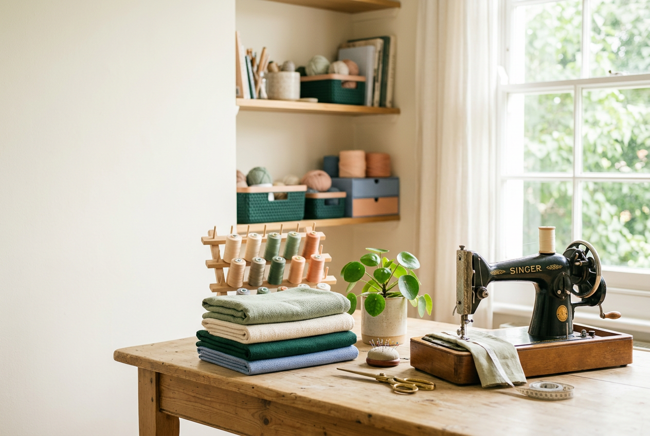 A bright, airy craft and sewing studio in sage and cream tones