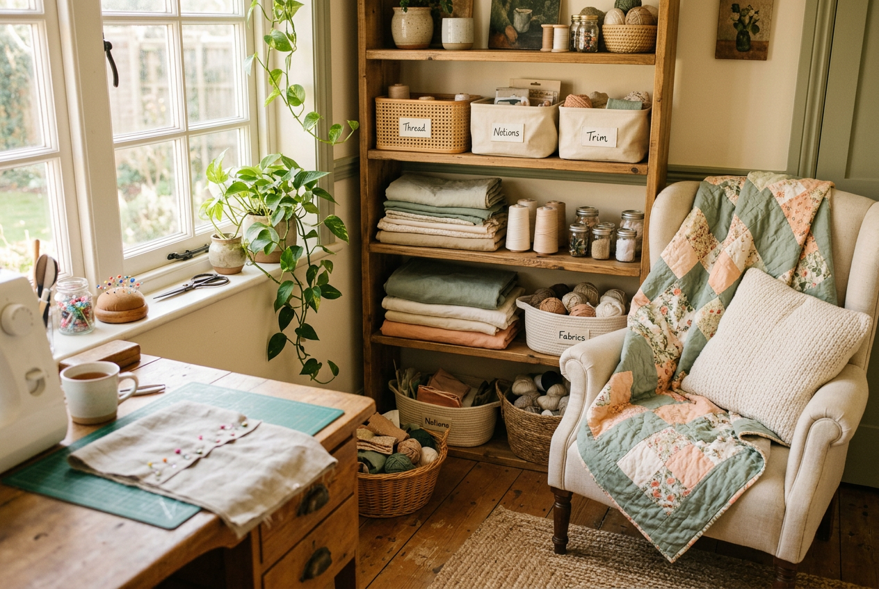 A cozy, lived-in home craft room with plants and folded fabric
