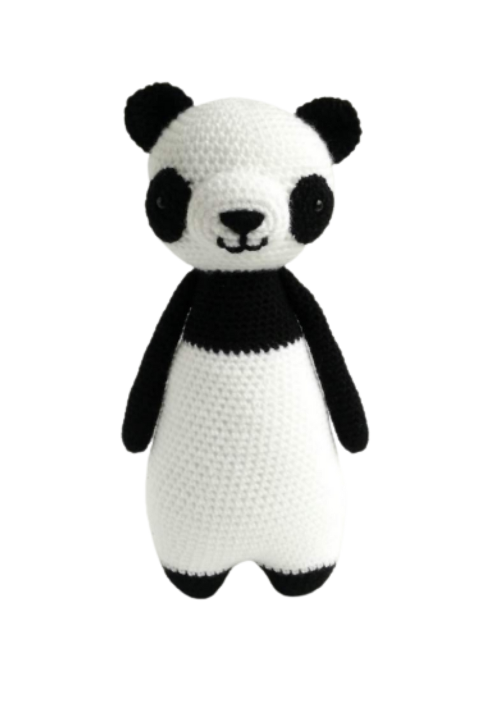 Crochet stuffed panda toy in the color black and white