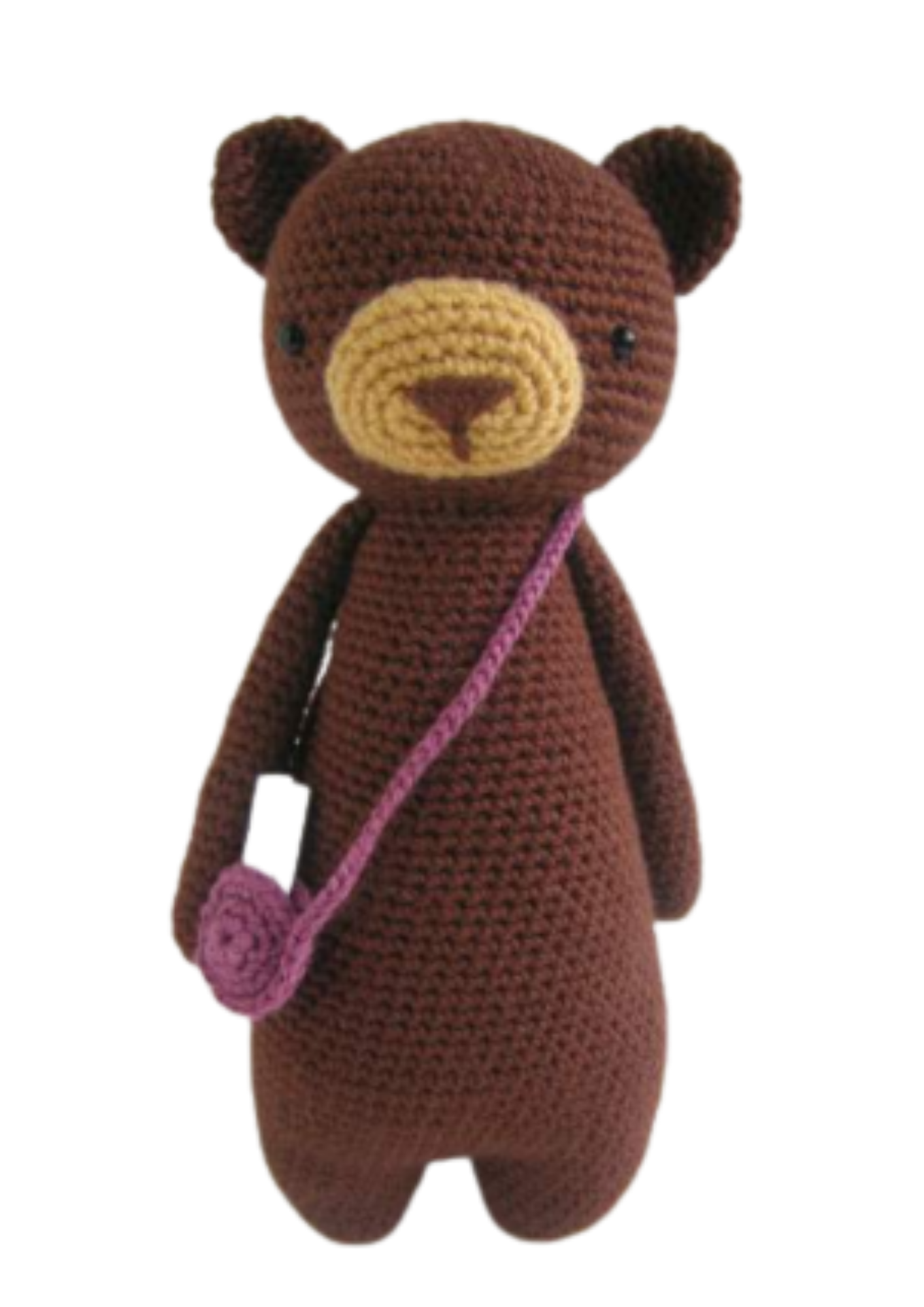 Crochet stuffed bear toy with purple messenger bag