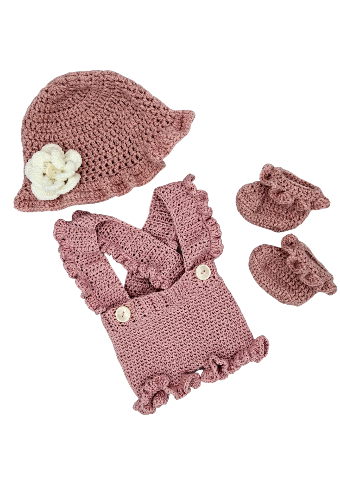 Crochet baby girl overalls set with flower bucket hat and booties in the color baby pink
