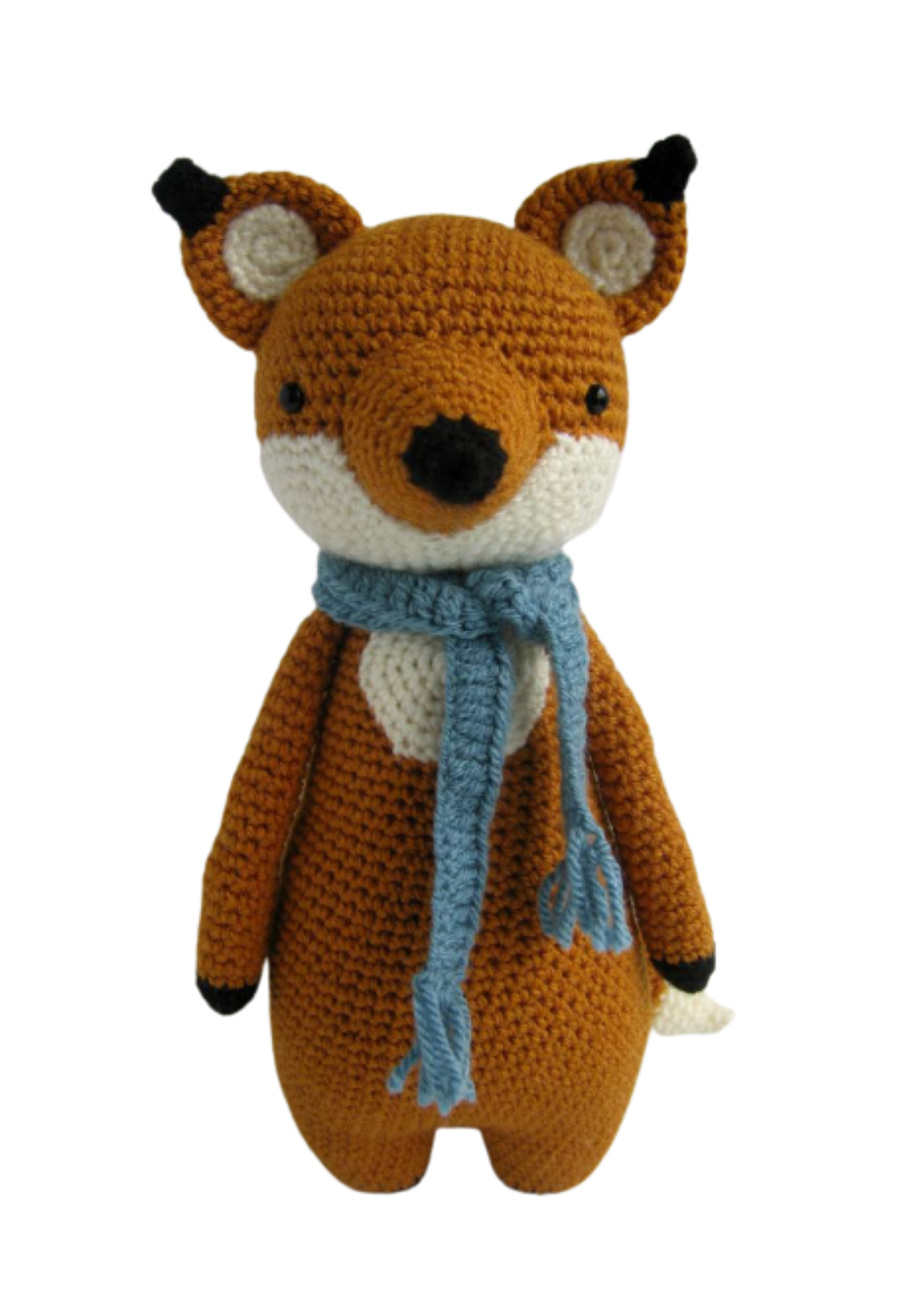 Crochet stuffed fox toy with scarf in the colors brown, white, and blue