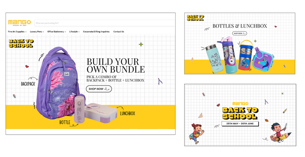 Ecommerce website banners for Mango’s Back to School campaign showcasing backpacks, bottles, and lunchboxes with playful yellow grid designs.