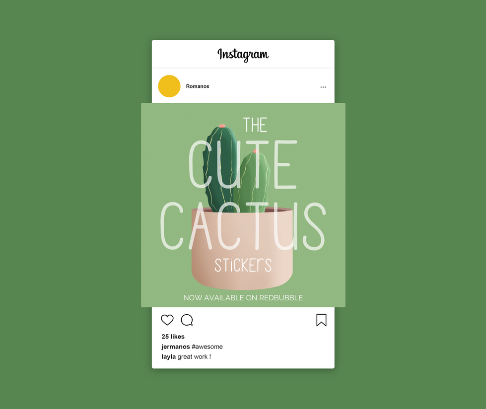 Instagram post design promoting “The Cute Cactus Stickers” with a green background and cactus illustration.