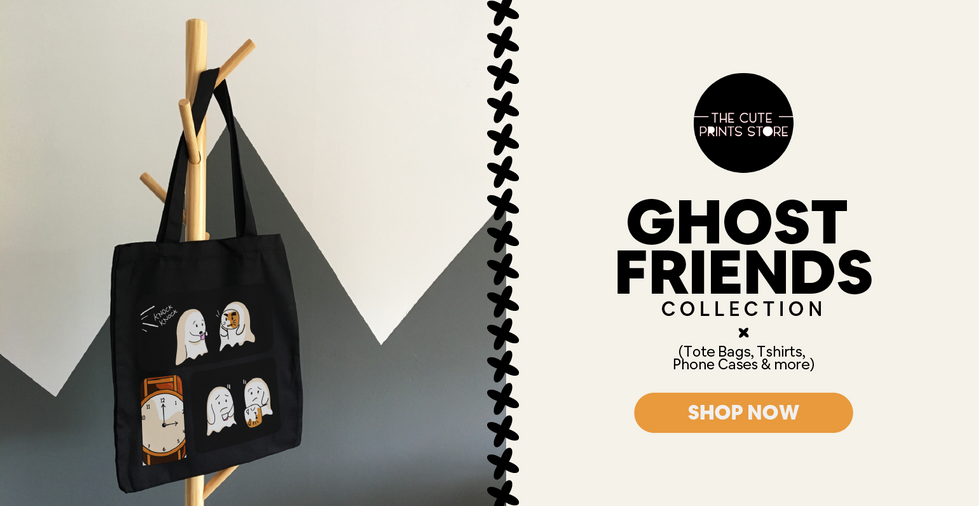 Ecommerce website banner for the Ghost Friends Collection featuring a black tote bag with ghost illustrations and a “Shop Now” button.