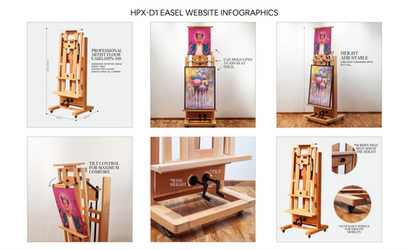 Product infographic featuring a wooden artist easel with adjustable height, canvas holder, and close-up details for website listing.