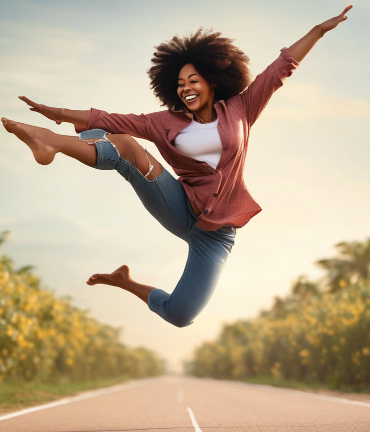 black woman arms stretched out wide with a smile taking a leap, small photo that is for we