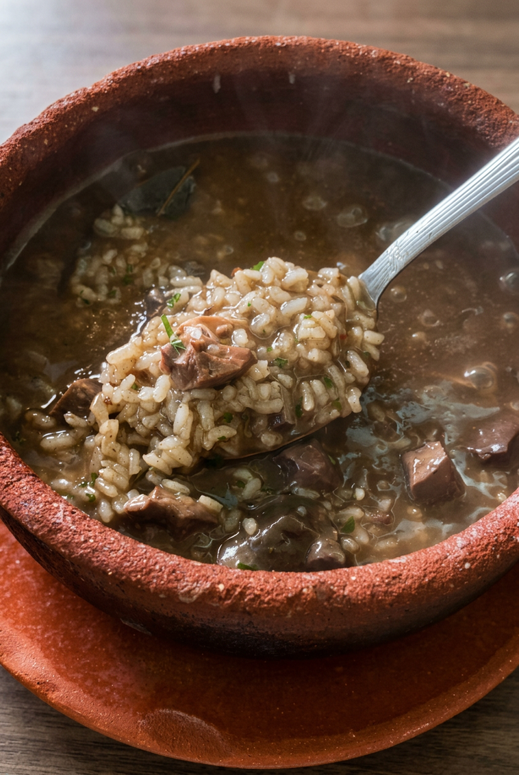Arroz de Miúdos de Cabrito em caçarola de barro, especialidade do Restaurante Pompílio