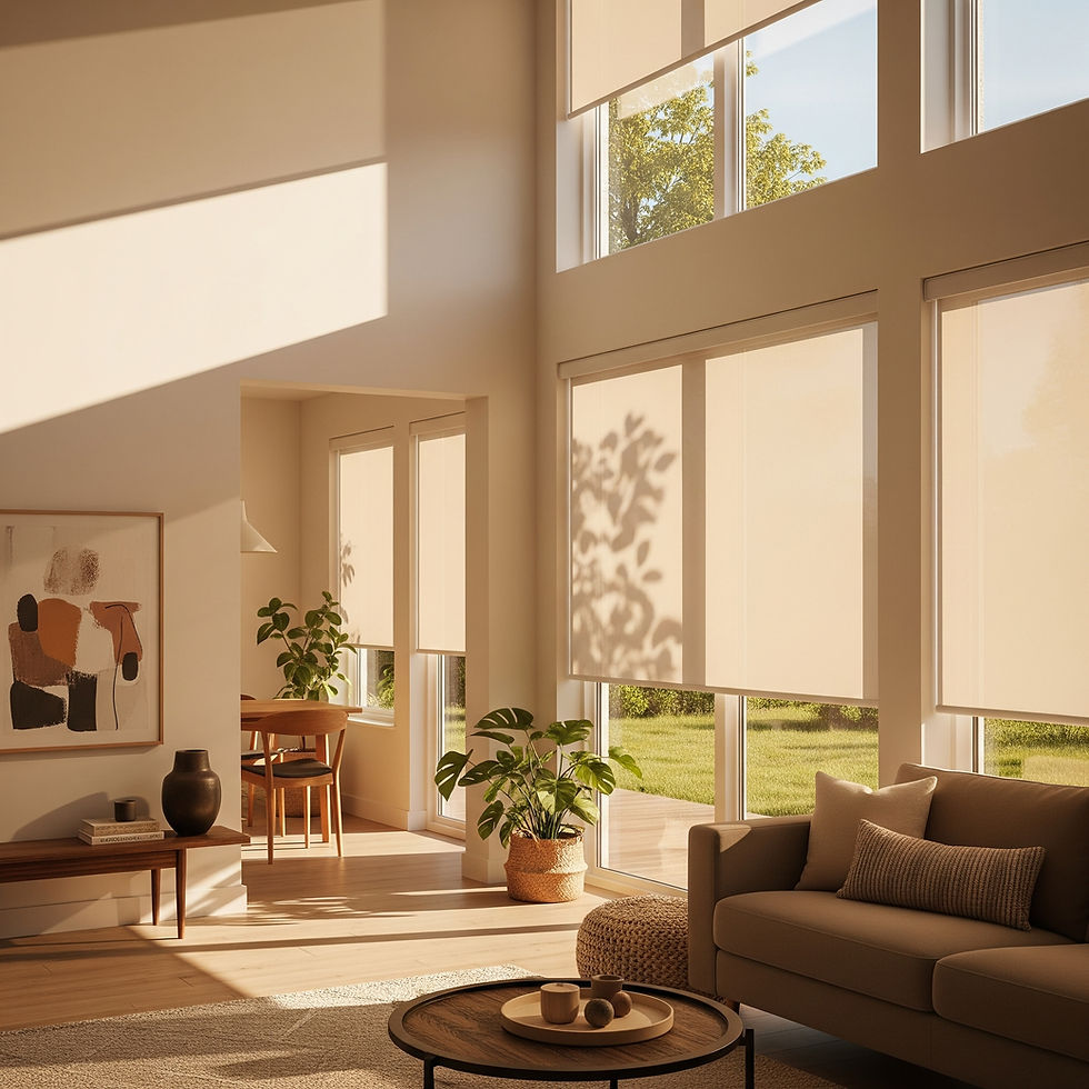A bright, modern Fort Wayne, Indiana home interior bathed in sunlight, where sleek solar shades are partially drawn, effectively filtering harsh glare and creating a comfortable, stylish space.