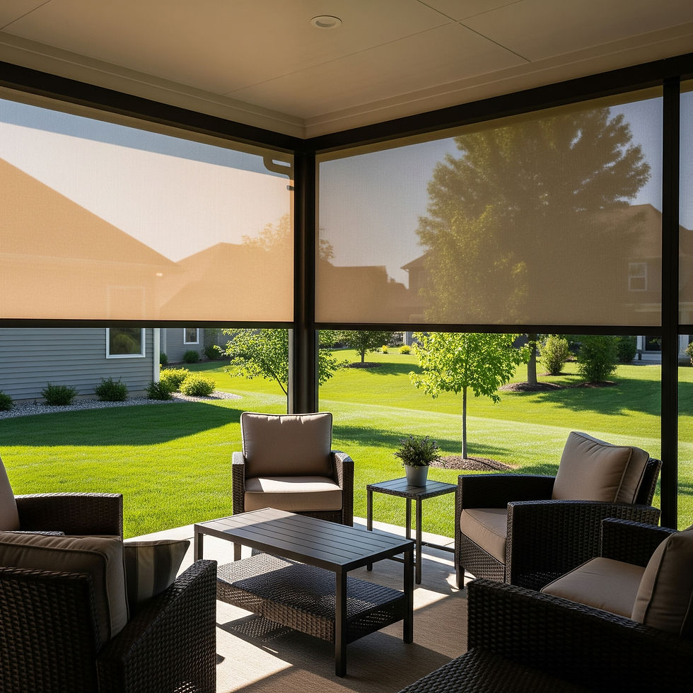 View from inside a modern Fort Wayne patio porch on a summer day, with outdoor roller shades blocking harsh sun and filtering warm, soft light, creating a comfortable and cool outdoor living area.