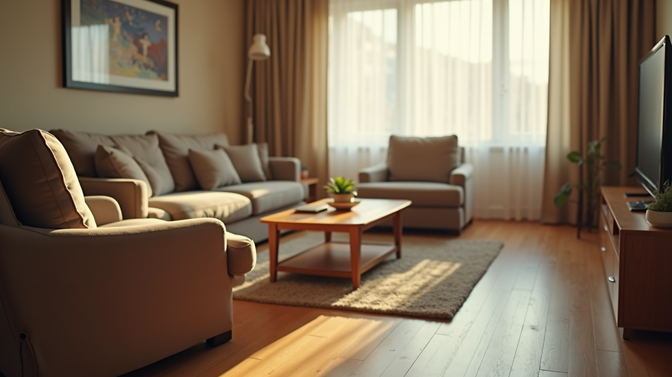 Eye-level view of a cozy living room after professional cleaning