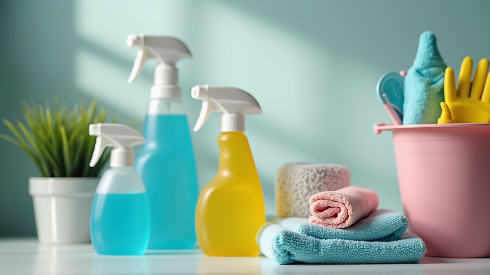Close-up view of cleaning supplies neatly organized