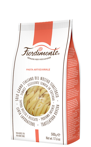 Pasta Fiordimonte packaging Penne rigate convenzionali.