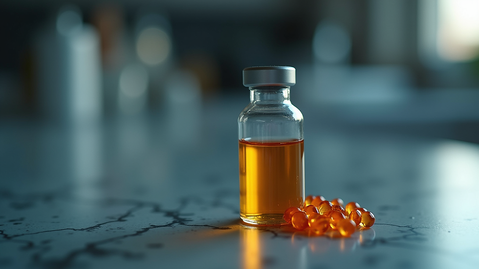 Close-up view of a vial containing peptides for muscle recovery