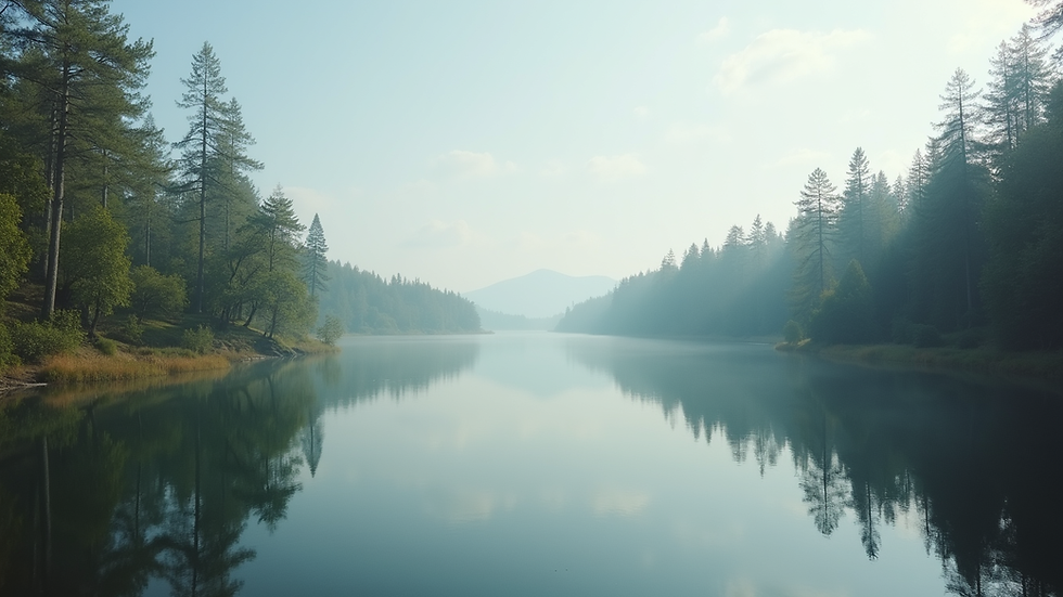 Eye-level view of a serene landscape with a calm lake and surrounding trees