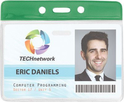 1820-1104 Clr Vinyl Horiz. Badge Hldr. with Green Color Bar, 3.85" x 2.68"