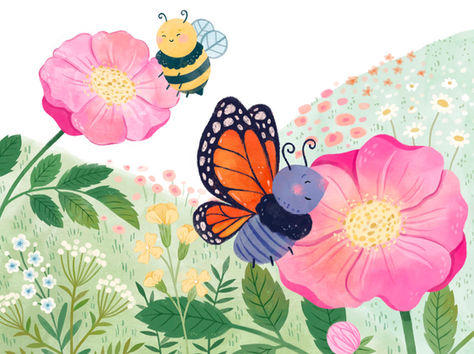 bee, butterfly, flower, garden, picturebook, kidsillustration