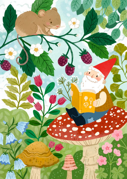 gnome, mushroom, cottagecore, kidsillustration, mice, flowers, picturebooks