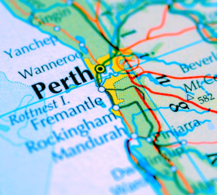 A Map of Perth showing suburbs from Gingin to Mandurah with outer regional towns of Gingin, Beverley, Pinjarra and Dwellingup
